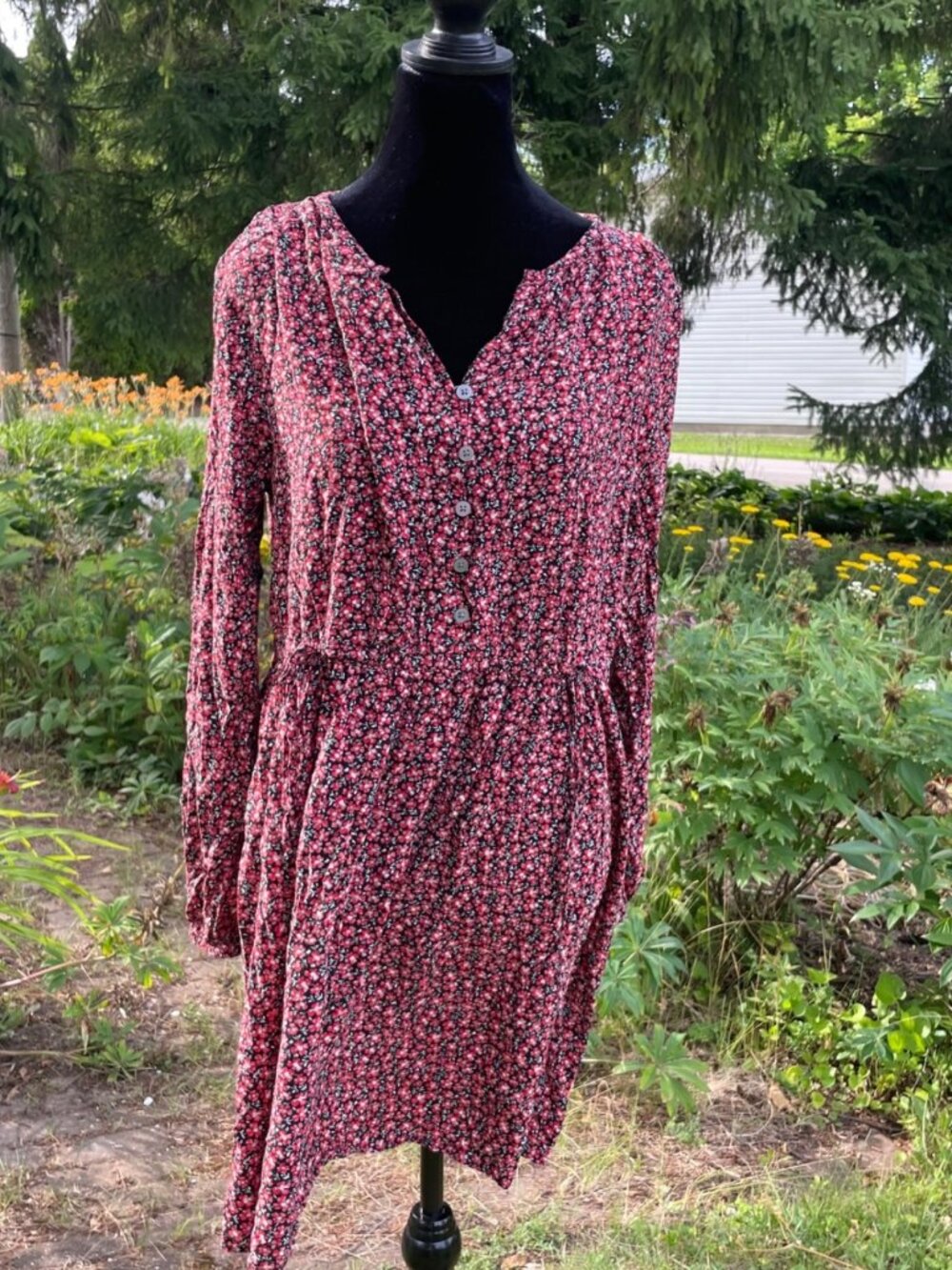 Y2K LOFT Mini Shirt Dress Button Up Floral Lightweight Artist M Tie Waist Flowy